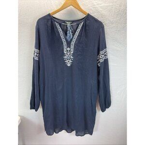 NEW ROOTS Canada Women’s Peasant Dress Size M Navy Blue Embroidered long‎ sleeve